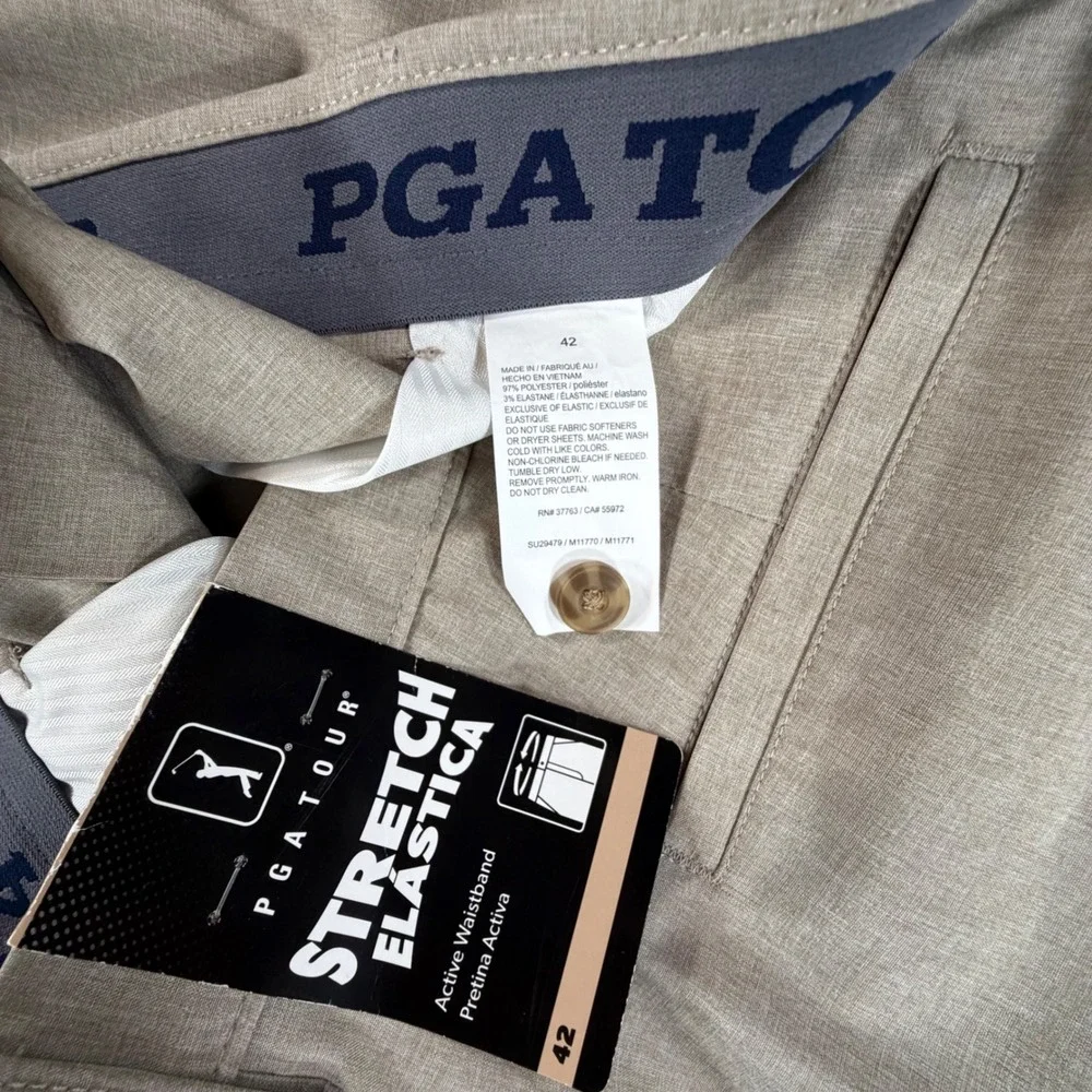 PGA Tour Golf Shorts Mens 42 Khaki Heather Stretch Active Waistband Performance